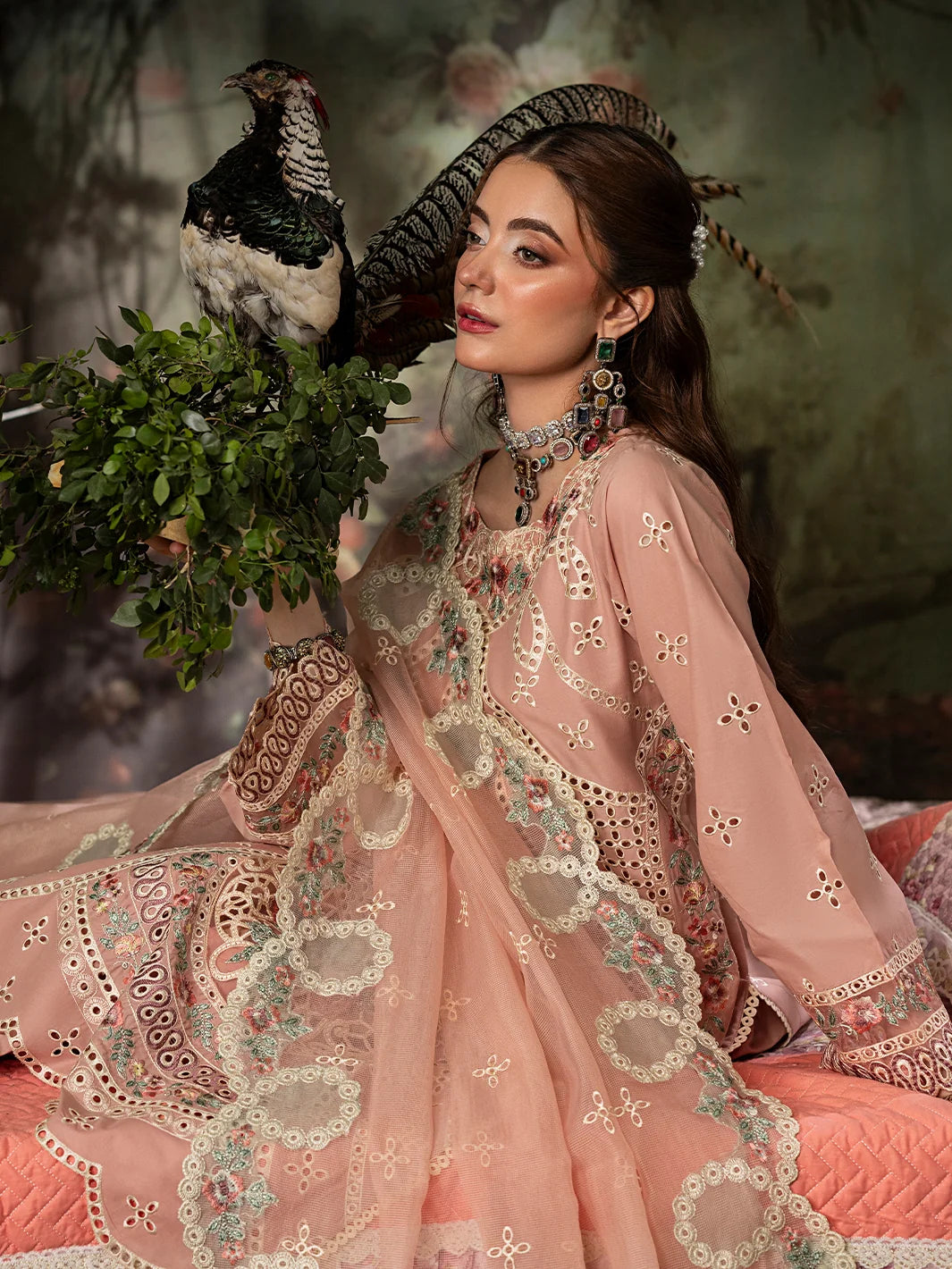 Dusty Peach: Embroidered Lawn Suit With Net Dupatta | Ready To Wear