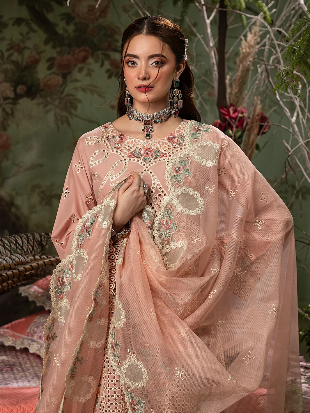 Dusty Peach: Embroidered Lawn Suit With Net Dupatta | Ready To Wear