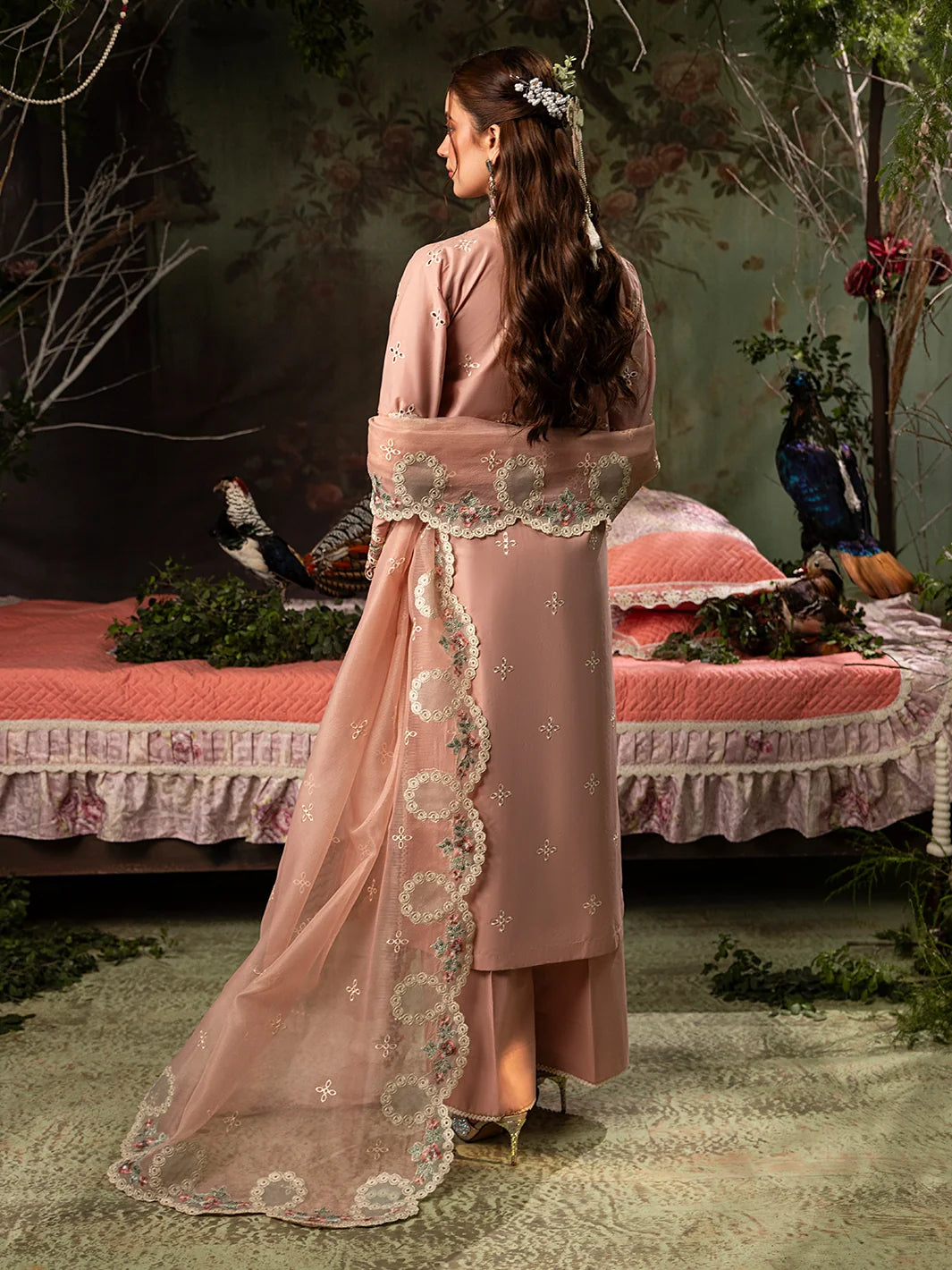 Dusty Peach: Embroidered Lawn Suit With Net Dupatta | Ready To Wear