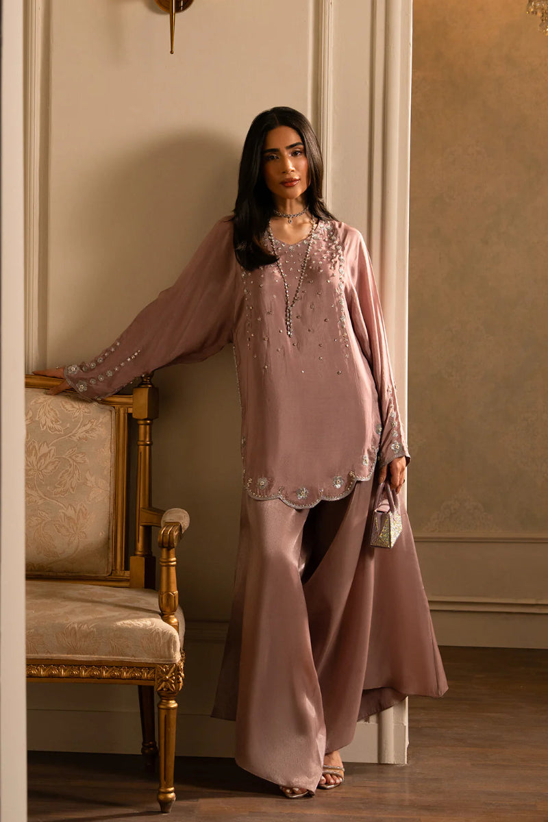 Dusty Rose Shimmer: Scalloped Silk Co-Ord Set | Ready To Wear