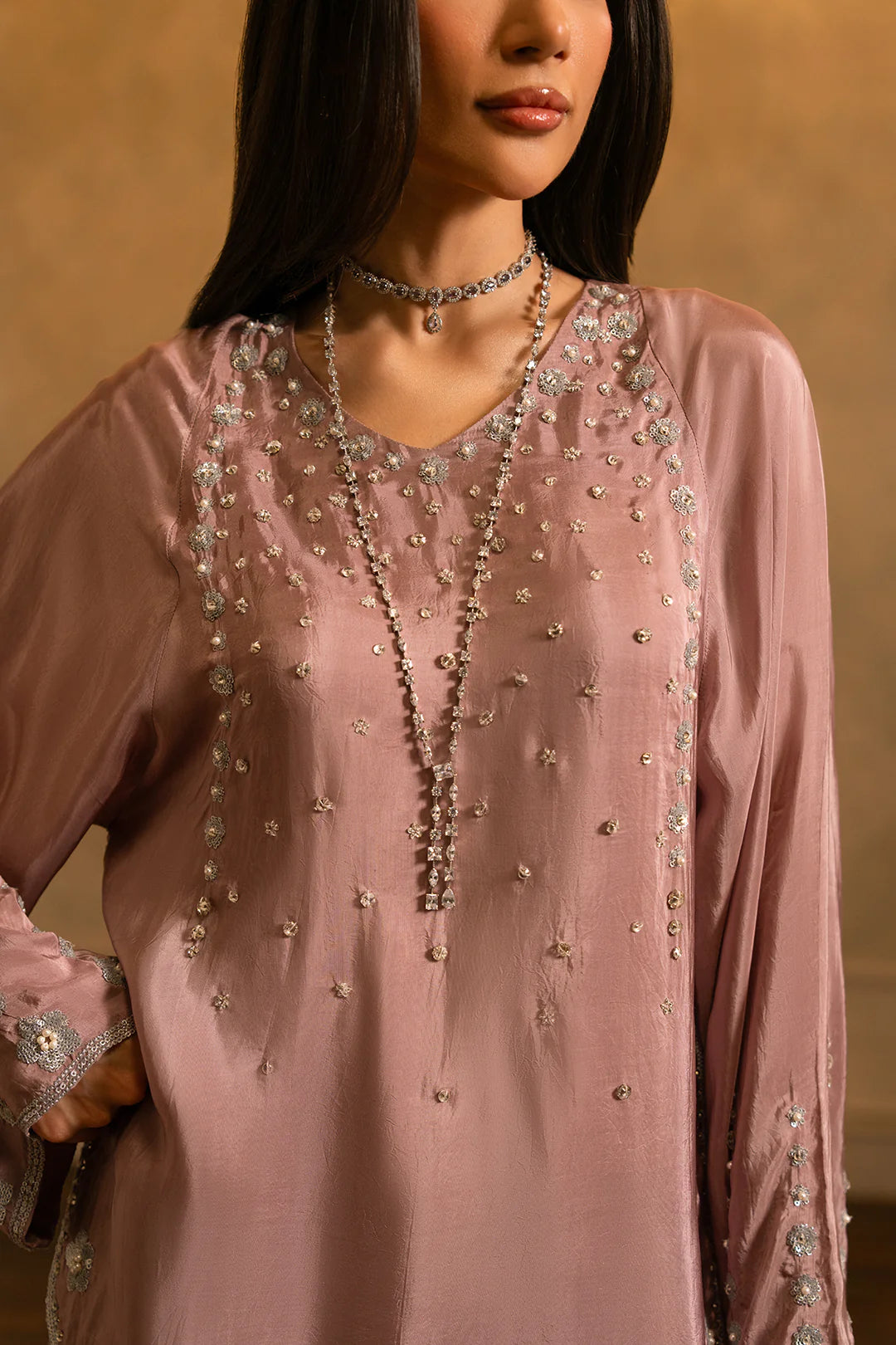 Dusty Rose Shimmer: Scalloped Silk Co-Ord Set | Ready To Wear