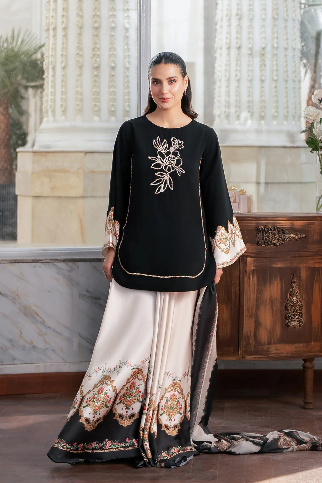 Black Pearl & Cream: Floral Silk Suit | Ready To Wear