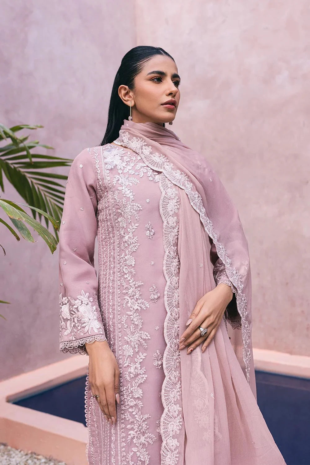 Dusty Rose Elegance: Embroidered Chiffon Suit | Ready To Wear
