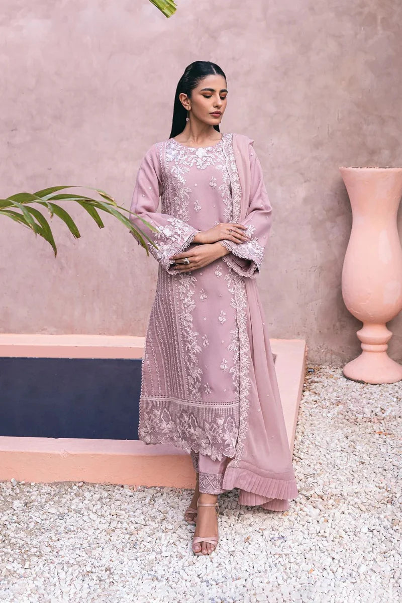 Dusty Rose Elegance: Embroidered Chiffon Suit | Ready To Wear