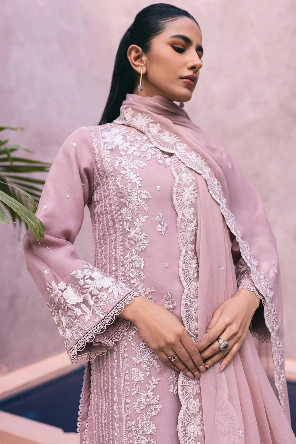 Dusty Rose Elegance: Embroidered Chiffon Suit | Ready To Wear