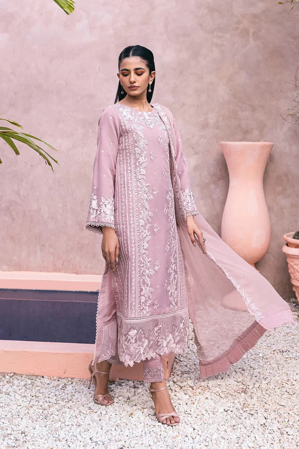 Dusty Rose Elegance: Embroidered Chiffon Suit | Ready To Wear