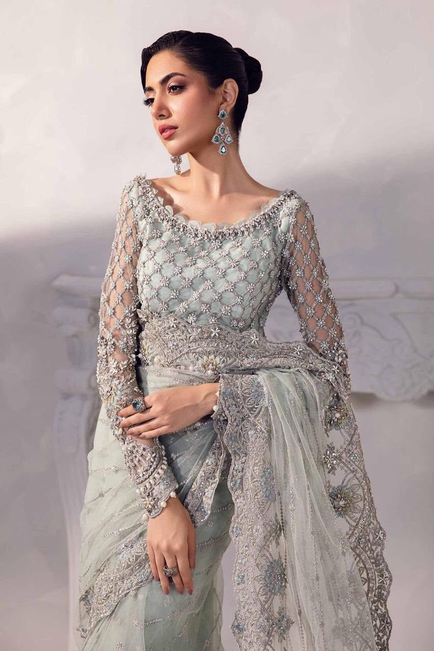Grey - Heavy Embroidered Net Saree | Ready To Wear