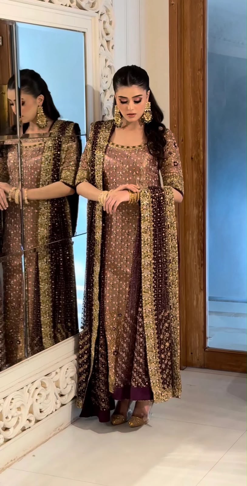 Rose Gold Majesty: Embellished Kurta with Deep Plum Dupatta | Ready To Wear
