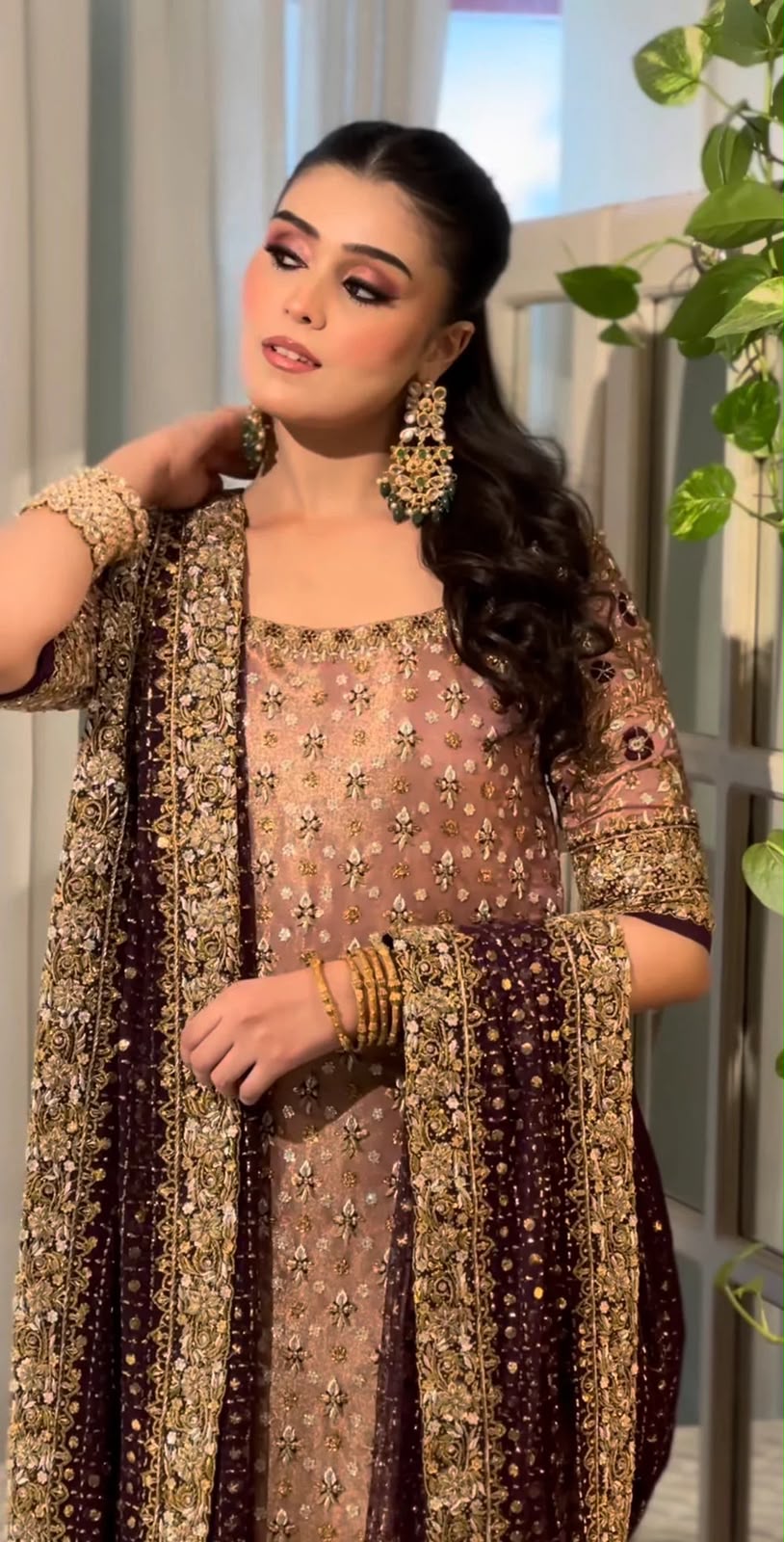 Rose Gold Majesty: Embellished Kurta with Deep Plum Dupatta | Ready To Wear