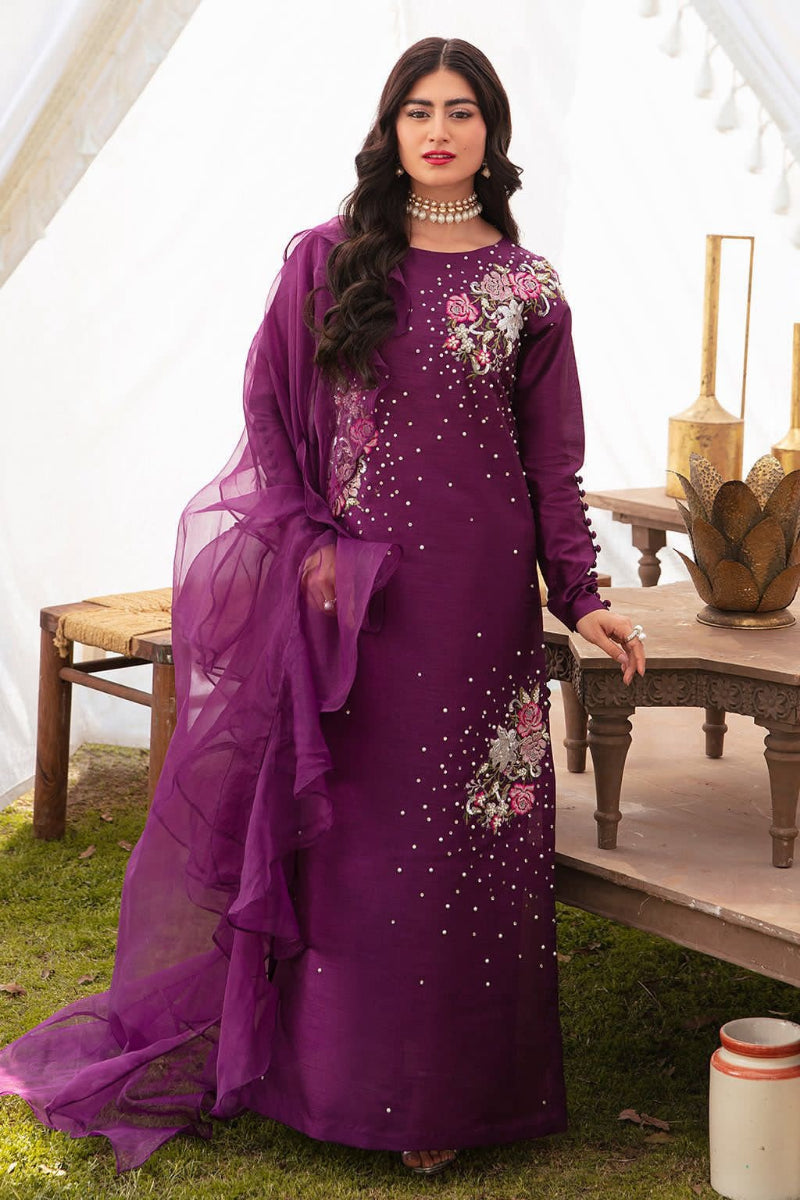Royal Orchid: Silk Kurta with Ruffled Organza Dupatta | Ready To Wear