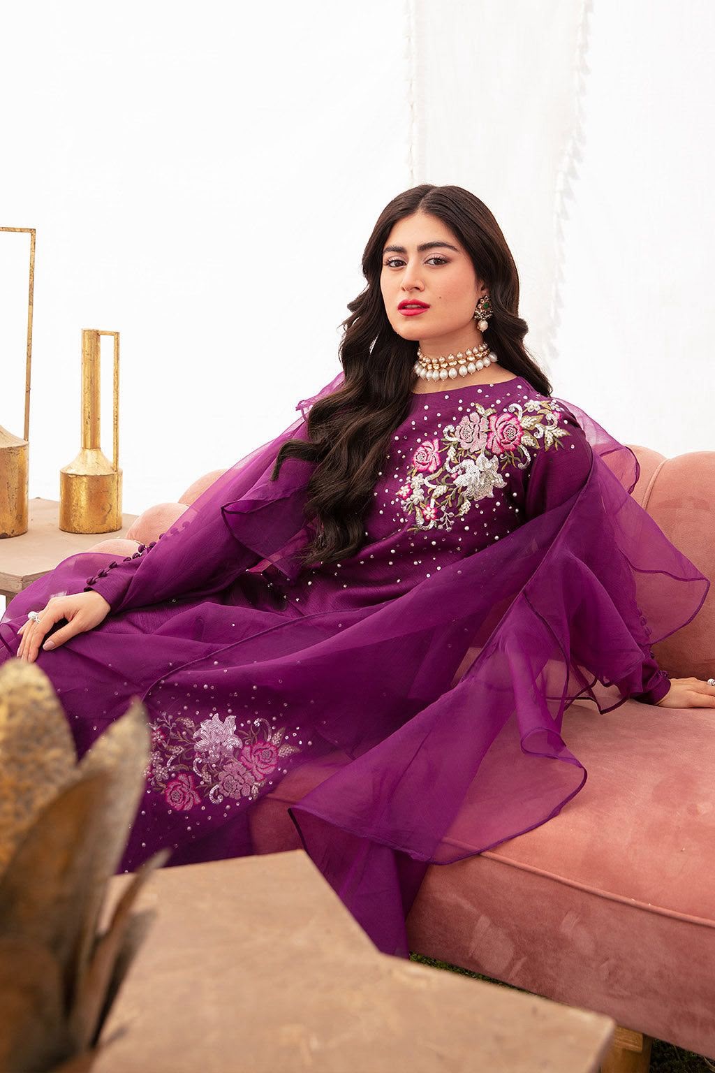 Royal Orchid: Silk Kurta with Ruffled Organza Dupatta | Ready To Wear