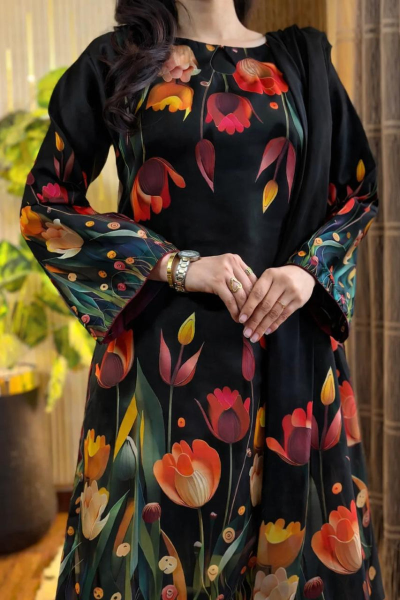 3-Piece Digital Printed Silk Suit – 3D Flowers | Ready to Wear