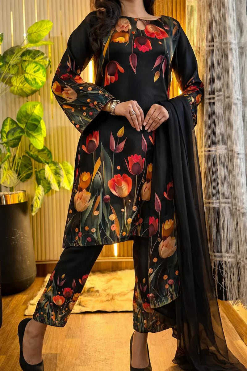 3-Piece Digital Printed Silk Suit – 3D Flowers | Ready to Wear