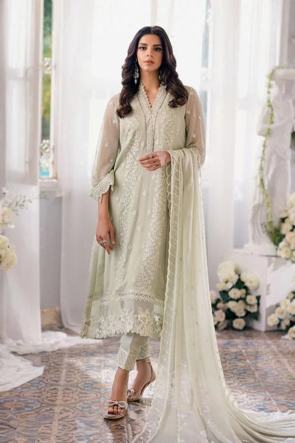 Pastel Mint: Chiffon Suit With White Embroidery Work | Ready To Wear