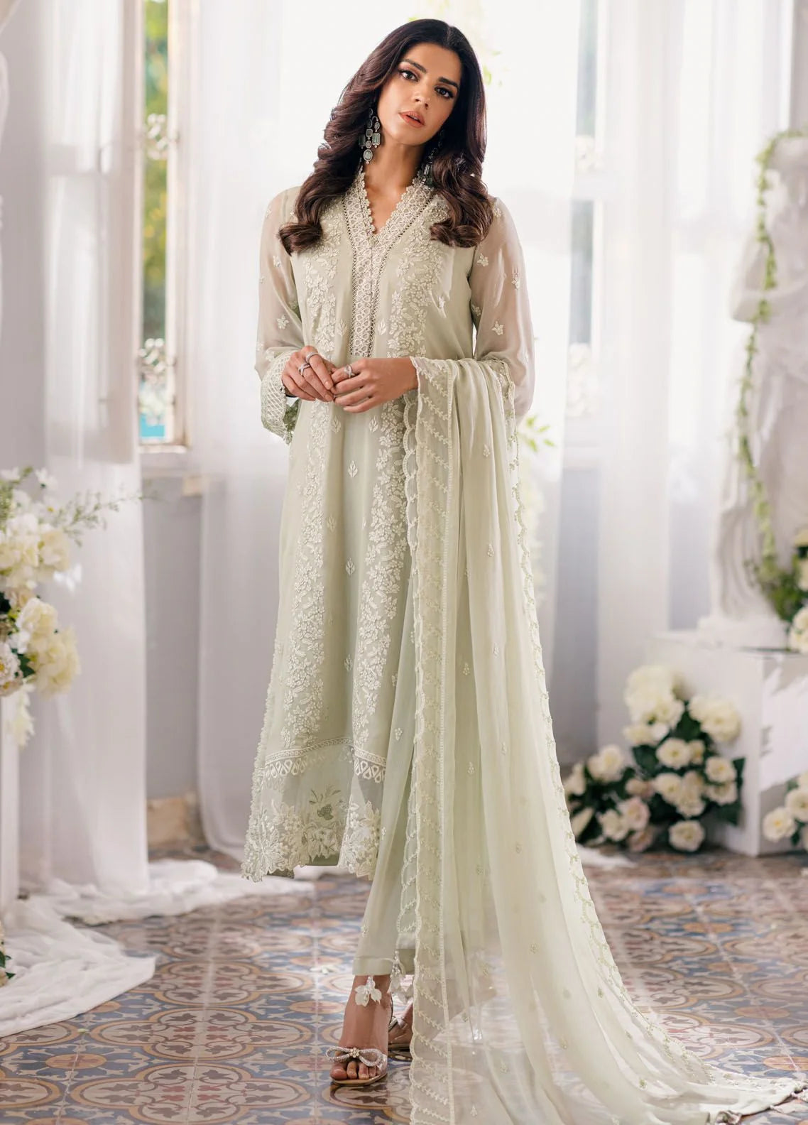Pastel Mint: Chiffon Suit With White Embroidery Work | Ready To Wear