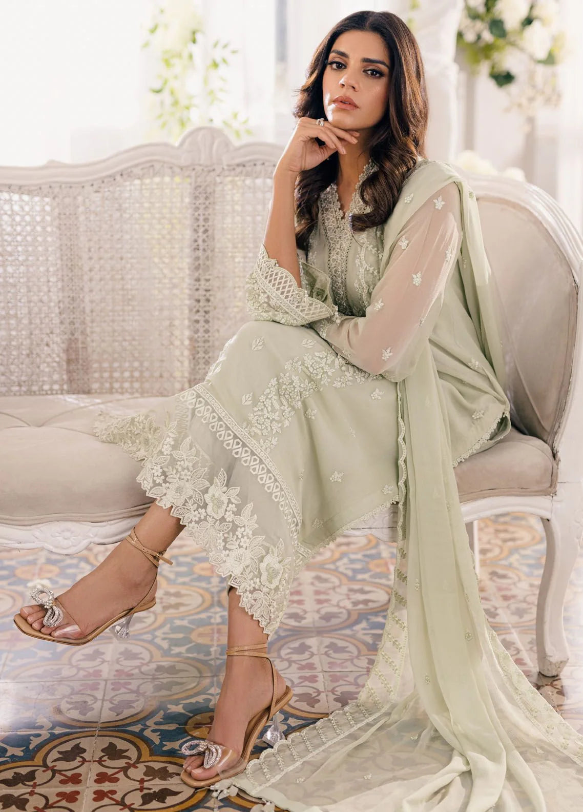 Pastel Mint: Chiffon Suit With White Embroidery Work | Ready To Wear