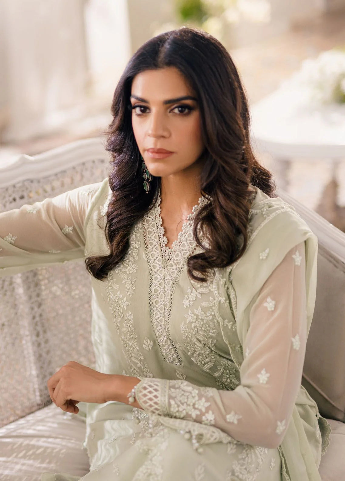 Pastel Mint: Chiffon Suit With White Embroidery Work | Ready To Wear
