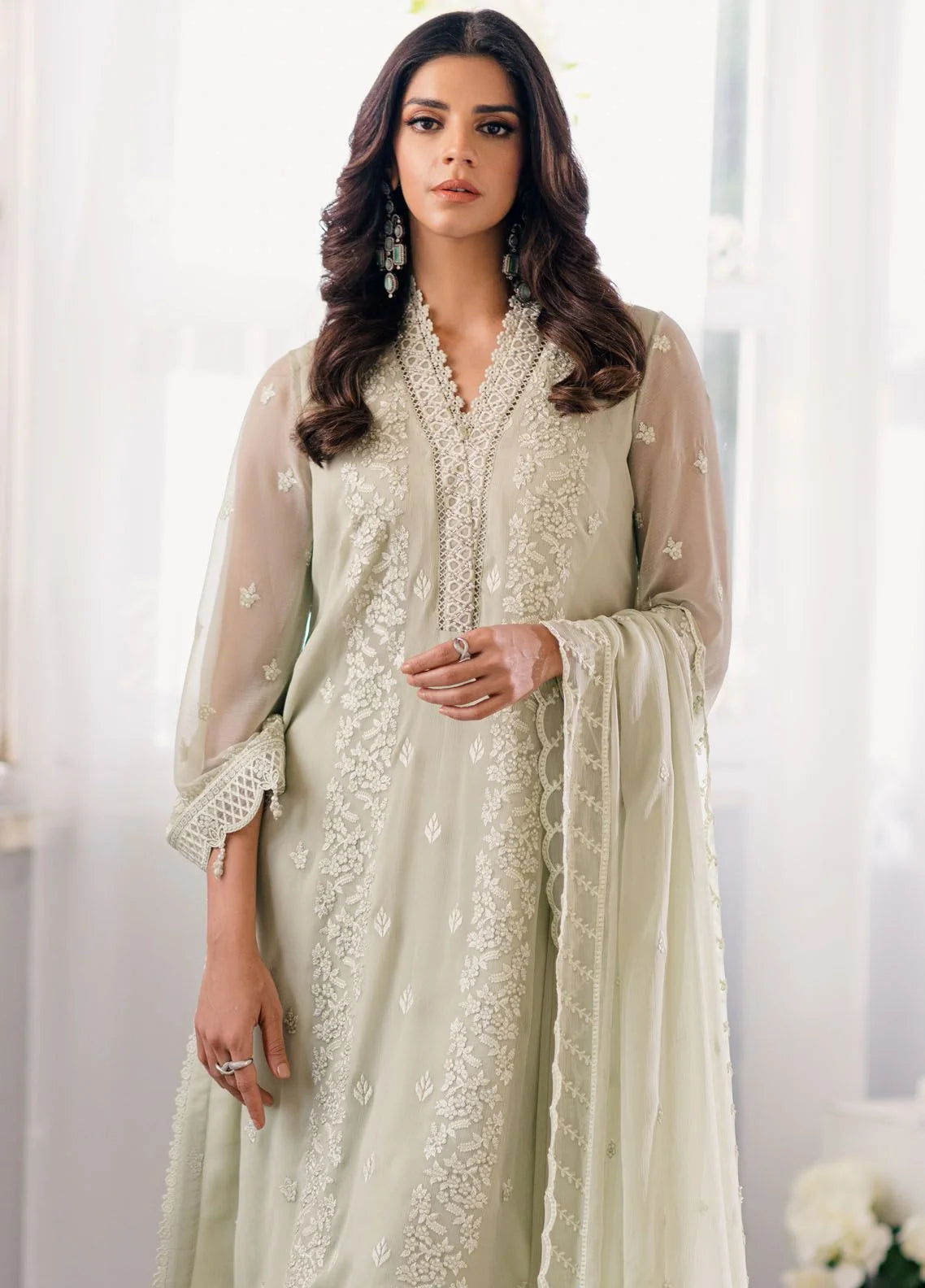 Pastel Mint: Chiffon Suit With White Embroidery Work | Ready To Wear
