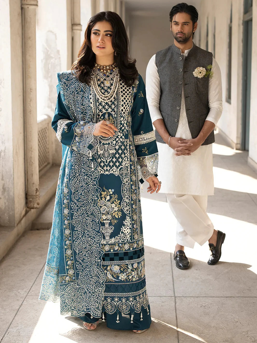 03-Piece Embroidered Cotton Suit With Net Dupatta | Ready To Wear